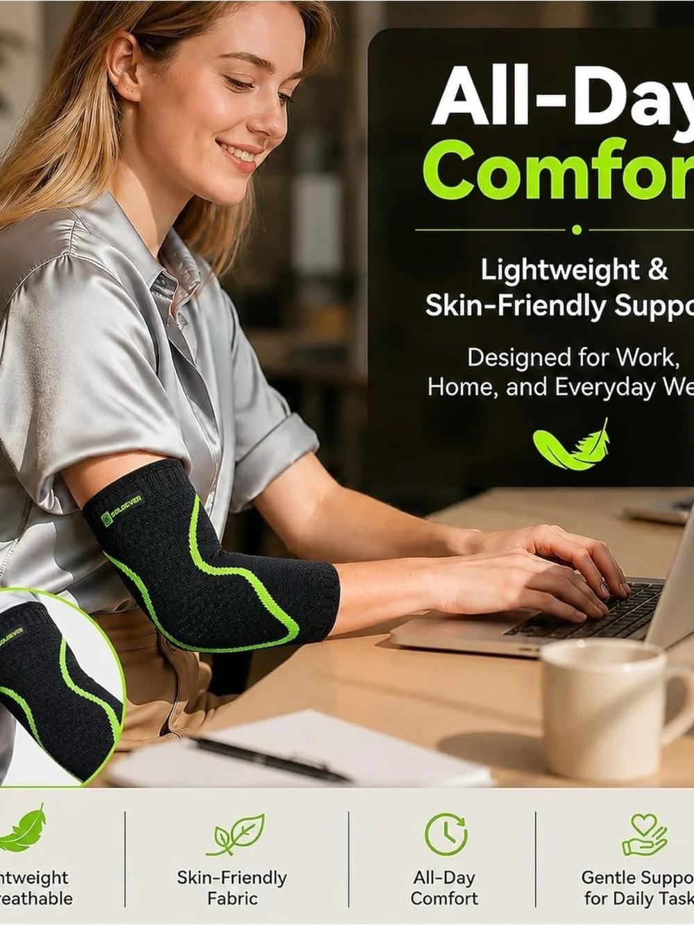 Elbow brace Compression Sleeve with Gel Support - Black size Large NEW